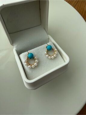 Turquoise & Freshwater Pearl Hoop Earrings | Gold Tone Statement Studs